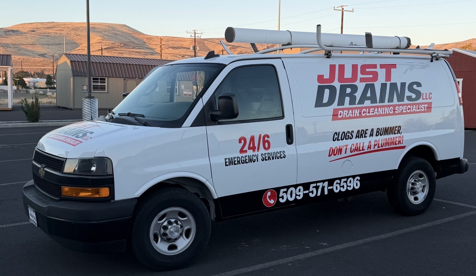 The Just Drains Chevy Express service van in the Yakima valley